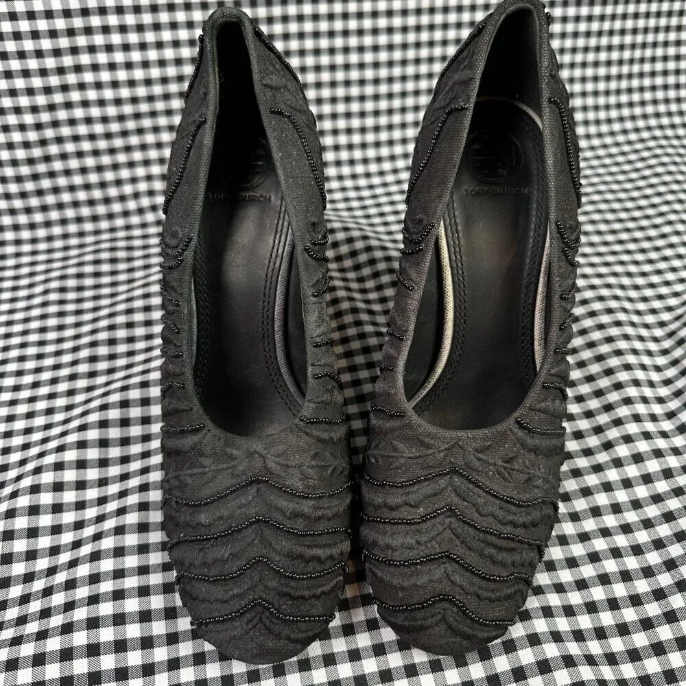 Tory Burch Beaded Black Chunky Avant Garde Pump Heel Women's Size 8.5